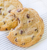 Freshly baked chocolate chip cookies on a white plate. One cookie has a bite taken out of it.