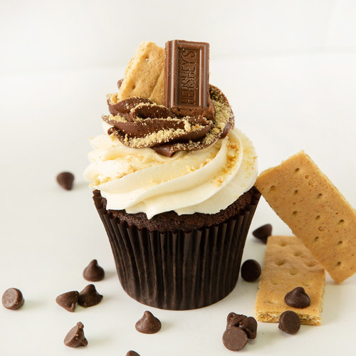 Chocolate cake with graham cracker crust with marshmallow icing sprinkled with graham cracker crumbs and topped with a mini Hershey bar